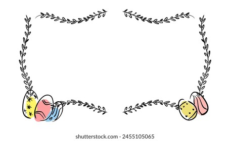 Trendy Easter frame design ,Easter eggs frame border with a black space for a text, logo, or designs. View from above. Hand drawn vector illustration.	
