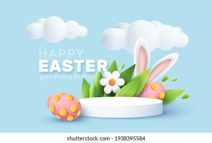 Trendy Easter greeting with 3d product podium, spring flower, cloud, Easter egg and bunny. Spring floral Modern 3d graphic concept. Vector illustration EPS10