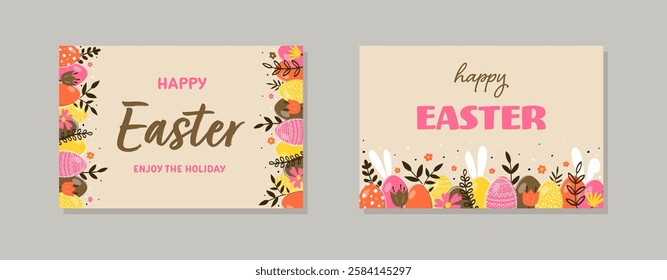 Trendy Easter greeting cards collection. Design of a background with eggs, rabbits and flowers. Vector illustration