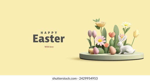 Trendy Easter greeting poster with 3d product podium, spring flowers, Easter eggs and bunny.