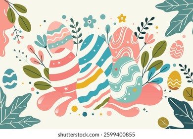 A trendy Easter illustration with pastel eggs, wavy stripes, stars, and leaves on a soft background. A cheerful, modern design perfect for banners, cards, and festive decor