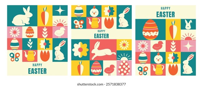 Trendy Easter poster in minimalist style. Bauhaus. Geometric style. Easter eggs, bunny, flowers, carrots.  Banner, postcard, template for social media. Rabbit. Figures and elements. Typography.