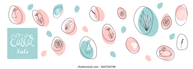 Trendy Easter Sale Banner Unique Design with different hand drawn shapes and textures. Cute social media backdrop for advertising, web, posters, invitations, greeting cards, birthday or anniversary.