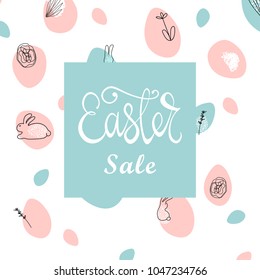 Trendy Easter Sale Banner Unique Design with different hand drawn shapes and textures. Cute social media backdrop for advertising, web, posters, invitations, greeting cards, birthday or anniversary.