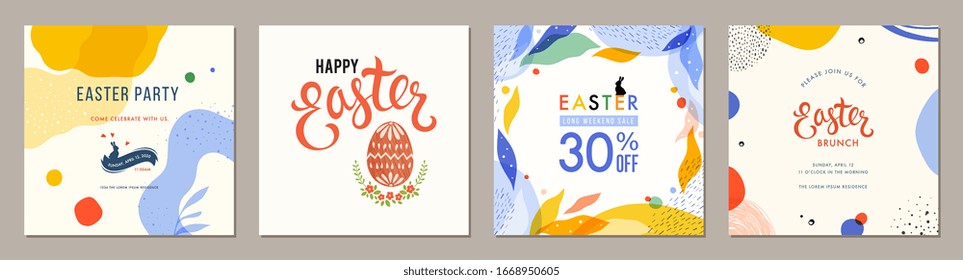 Trendy Easter square abstract templates. Suitable for social media posts, mobile apps, cards, invitations, banners design and web/internet ads. Vector illustration.