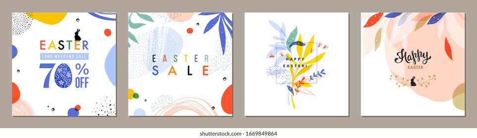 Trendy Easter square abstract templates. Suitable for social media posts, mobile apps, cards, invitations, banners design and web/internet ads. Vector illustration.
