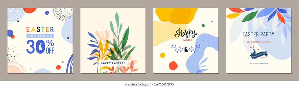 Trendy Easter Square Abstract Templates. Suitable For Social Media Posts, Mobile Apps, Cards, Invitations, Banners Design And Web/internet Ads. Vector Illustration.