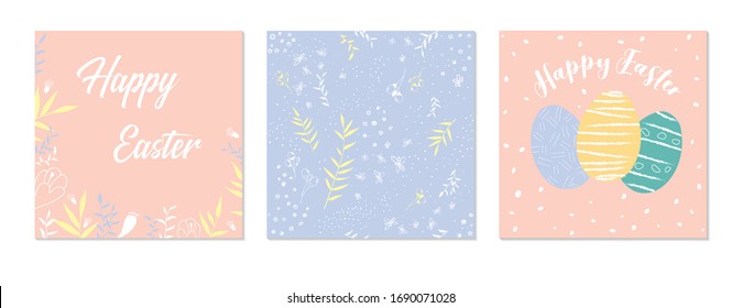 Trendy Easter square abstract templates and spring seamless pattern. Suitable for social media posts, mobile apps, cards, invitations, banners design and web internet ads. Vector illustration.