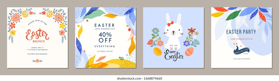 Trendy Easter square templates. Suitable for social media posts, mobile apps, cards, invitations, banners design and web/internet ads. Vector illustration.
