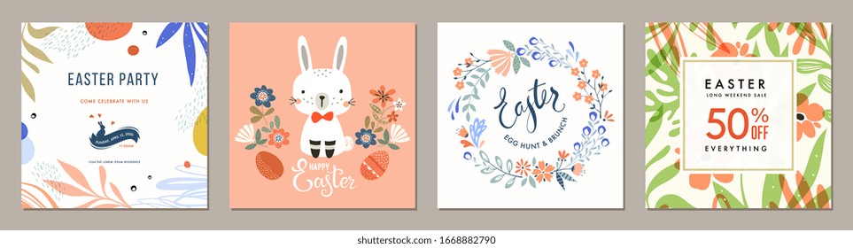 Trendy Easter square templates. Suitable for social media posts, mobile apps, cards, invitations, banners design and web/internet ads. Vector illustration.