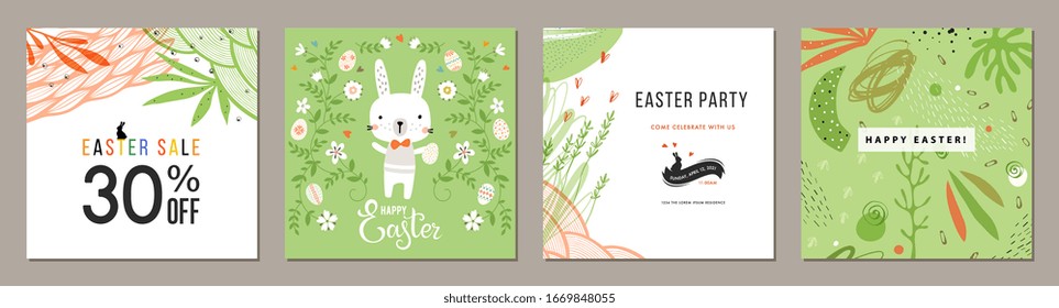 Trendy Easter square templates. Suitable for social media posts, mobile apps, cards, invitations, banners design and web/internet ads. Vector illustration.