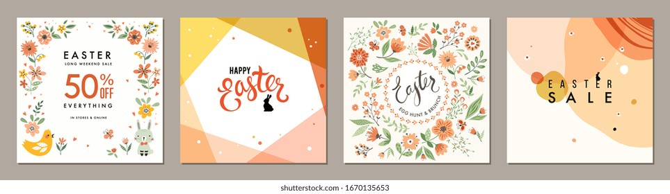 Trendy Easter square templates. Suitable for social media posts, mobile apps, cards, invitations, banners design and web/internet ads. Vector illustration.