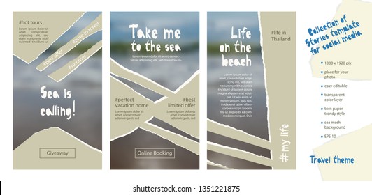 Trendy easy editable template for social media stories in torn paper style. Travel theme Creative design background for individual and corporate web promotion, blogs. Vector illustration.