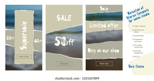 Trendy easy editable template for social media stories in torn paper style. Sale theme Creative design background for individual and corporate web promotion, blogs. Vector illustration.