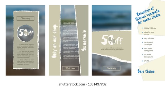 Trendy easy editable template for social media stories in torn paper style. Sale theme Creative design background for individual and corporate web promotion, blogs. Vector illustration.