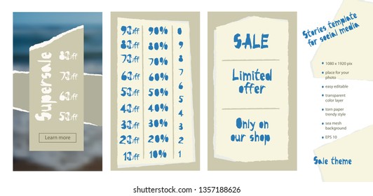 Trendy easy editable template for social media stories in torn paper style. Sale theme Creative design background for individual and corporate web promotion, blogs. Vector illustration.