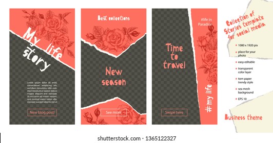 Trendy easy editable template for social media stories in torn paper style. Roses flower theme Creative design background for individual and corporate web promotion, blogs. Vector illustration.