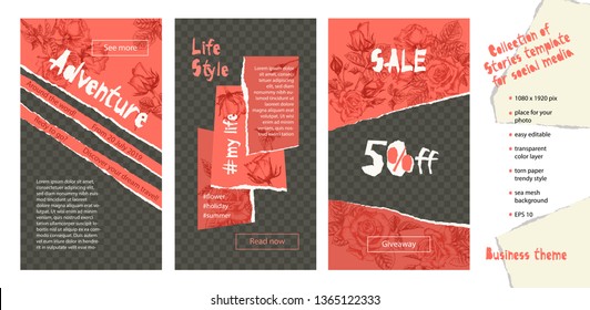 Trendy easy editable template for social media stories in torn paper style. Roses flower theme Creative design background for individual and corporate web promotion, blogs. Vector illustration.