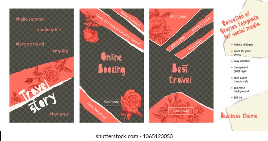 Trendy easy editable template for social media stories in torn paper style. Roses flower theme Creative design background for individual and corporate web promotion, blogs. Vector illustration.