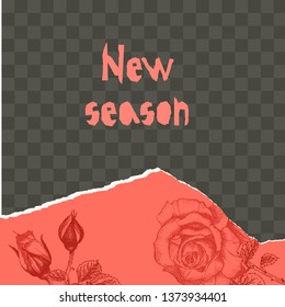 Trendy easy editable template for social media post in torn paper style. Roses flower theme Creative design background for individual and corporate web promotion, blogs. Vector illustration.