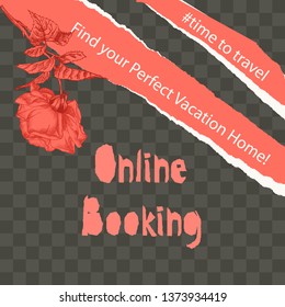 Trendy easy editable template for social media post in torn paper style. Roses flower theme Creative design background for individual and corporate web promotion, blogs. Vector illustration.