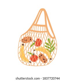 Trendy Eco Reusable Shopping Bag With Fruits And Vegetables. Zero Waste String Bag Isolated On White Background. Vector Illustration In Flat Cartoon Style