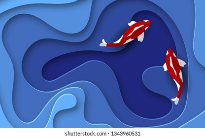 Trendy ecology background. Modern paper cut cover template with cartoon ocean blue abstract waves and fish. Texture for flyers, banners, presentation and posters. Gradient colors. Vector illustration 