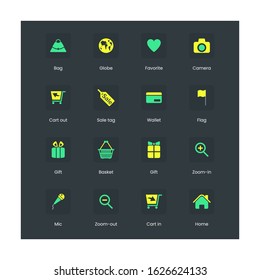 Trendy e-commerce flat icon set for web. Best quality online shopping icons collection of bag, gift, cart, basket, home, flag, favorite, sale etc isolated on dark background.