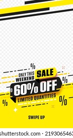 Trendy Editable 60 Percent Sale Stories Template. Weekend Sale Advertising. 60 Percent Off Special Offer Social Media Story Sale Template With Copy Space Vector Illustration