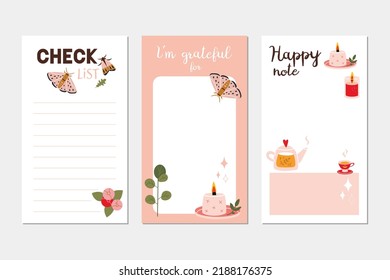 Trendy editable check list, gratefut list and place for happy note. Vector stock illustration, cartoon style. Templates for Instagram stories, bullet journal page. Modern backgrounds for notebook.