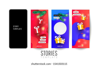 Trendy editable Christmas and happy New Year template for social networks stories with plastic liquid gradient wave, triangular gradient shapes, spruce branch and surprise gifts on white background