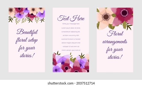 Trendy editable flowers and leaves floral template for social networks stories, vector illustration. Design backgrounds for social media.