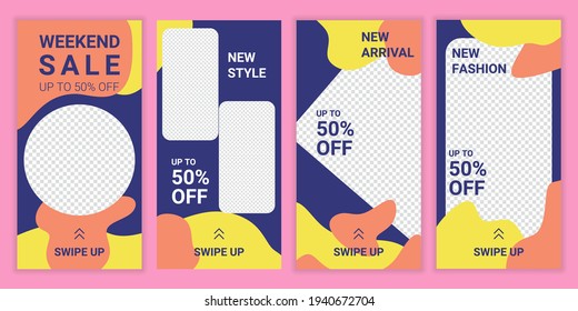 Trendy editable ig stories template design for social media network. Weekend sale promotion. Vector sale banner background, mobile app, poster, flyer, coupon, gift card, smartphone template story