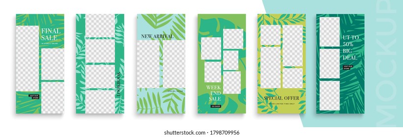 Trendy editable Instagram Stories template. Design with tropical patterns for social media. Sale