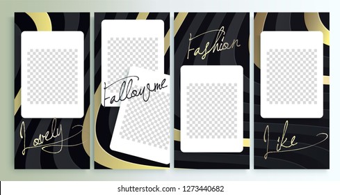 Trendy editable Instagram stories templates  with gold texture, vector illustration. Design backgrounds for social media stories, Instagram story.  insta frame, IG streaming
