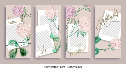 Trendy Editable Instagram Stories Templates With Gold Flowers, Vector Illustration. Design Backgrounds For Social Media Stories. Instagram Highlight Covers. Insta Fashion. 
