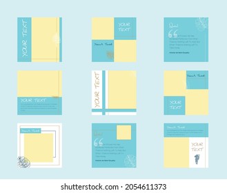 Trendy editable posts set. For personal and business accounts. Blue background with geometric elements, use gold color for elements.