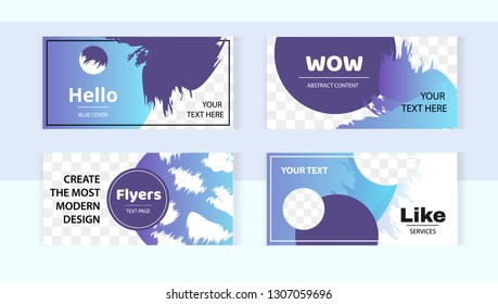 Trendy editable set horizontal banner templates with frame for images.  Modern blue style with beautiful paint strokes. 