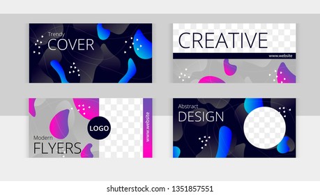 Trendy editable set horizontal banner templates with frame for images. Modern smooth, rounded colored spots.