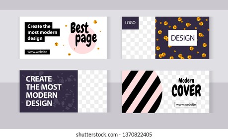 Trendy editable set horizontal banner templates with frame for images. Modern black and pink style with gold elements. 