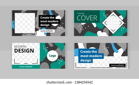 Trendy editable set horizontal banner templates with frame for images. Modern camouflage style. beautiful green and blue spots.