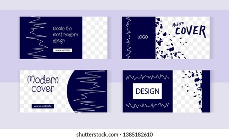 Trendy editable set horizontal banner templates with frame for images. Zigzag black style. 