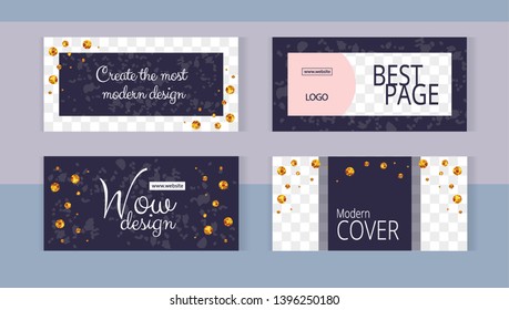 Trendy editable set horizontal banner templates with frame for images. Elegant dark blue and pink style with gold elements. 