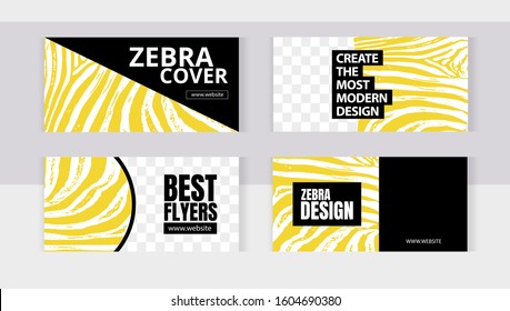 Trendy editable set horizontal banner templates with frame for images. Yellow zebra modern style. 