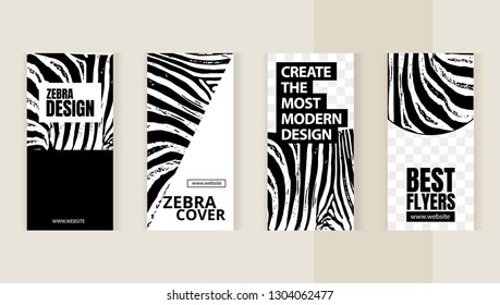 Trendy editable set templates for design of social networks, instagram story and print with frame for images.  Zebra modern style. 