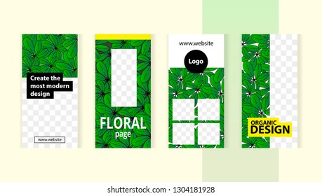 Trendy editable set templates for design of social networks, instagram story and print with windows for images. Modern floral style with leaves plants cheflers.