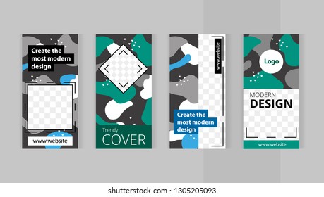 Trendy editable set templates for design of social networks,  instagram story and print with frame for images. Modern camouflage style. beautiful green and blue spots.