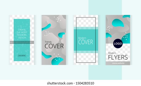 Trendy editable set templates for design of social networks,  instagram story and print with frame for images. Abstract aquamarine pastel modern style.