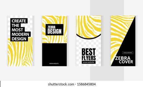 Trendy editable set templates for design of social networks, instagram story and print with frame for images.  Yellow zebra modern style. 