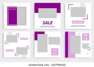 Trendy editable social media pack template set. Minimal stripe pink line in white background.